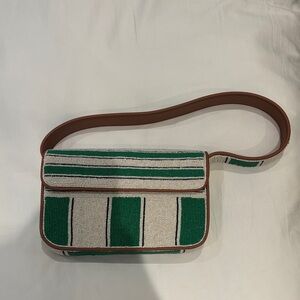 STAUD Green and Cream Striped Crossbody Bag